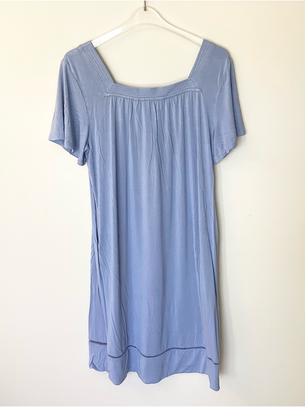 Soft Surroundings Short Sleeve Square Neck Ladder Stitch Nightgown - Blue - M - Picture 4 of 7